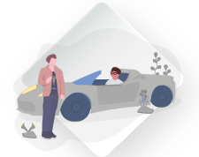 grafika przedstawiająca dwóch mężczyzn z samochodzie
